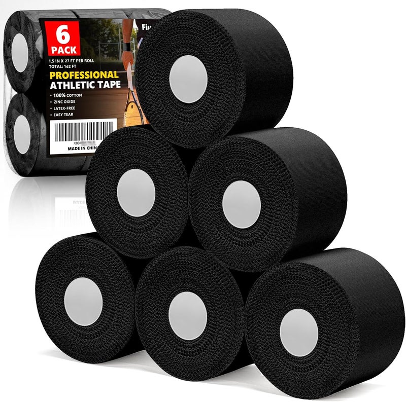 Fiuddy Professional 6 Pack Black Athletic Sports Tape - 1.5 Inch × 27 Feet Per Roll | Total 162 Feet, Very Strong Easy Tear No Sticky Residue Wrist Ankle Tape for Football Climbing Soccer Gymnastics Injuries - Image 1